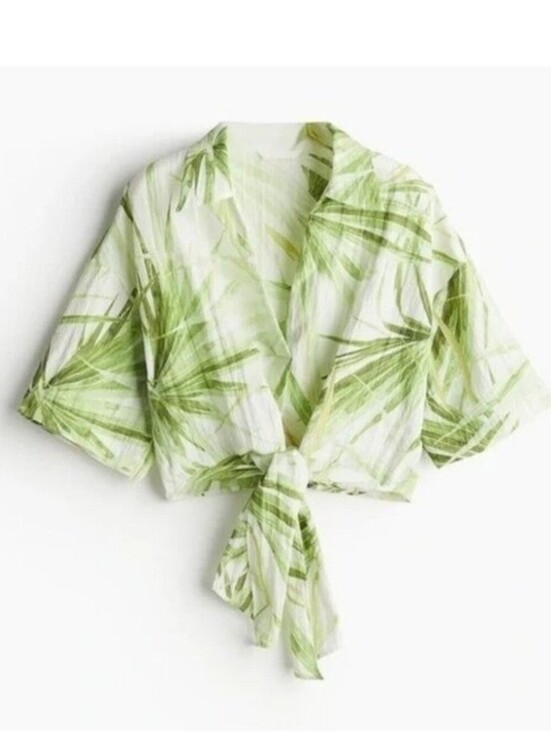 H&M Tops - H&M White Green Palm-Print Tie-Front Tropical Crop Top XS